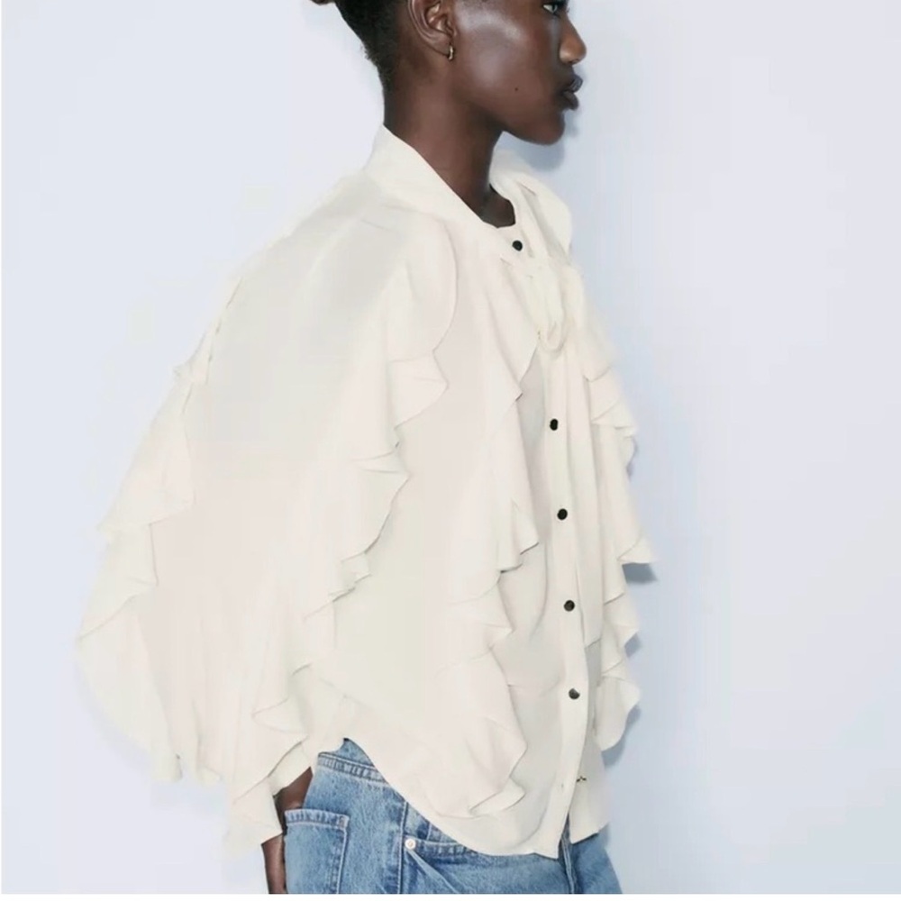 Zara Cream Ruffle Tie-Neck Blouse - Picture 3 of 4